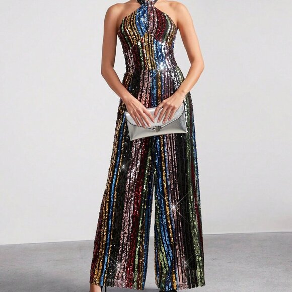 Rainbow Multicolor Sequin Party Halter Neck Women's Jumpsuit